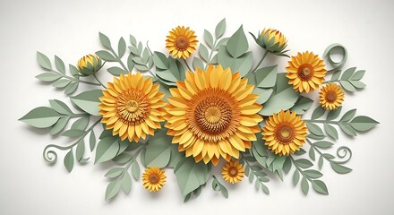 A beautiful arrangement of paper sunflowers and leaves in shades of yellow and green, crafted in a delicate paper art style
