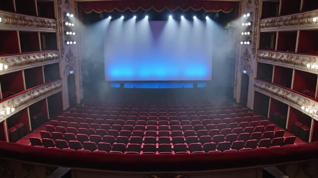 Inside Grand Theatre With Spotlights and Empty Red Velvet Seating