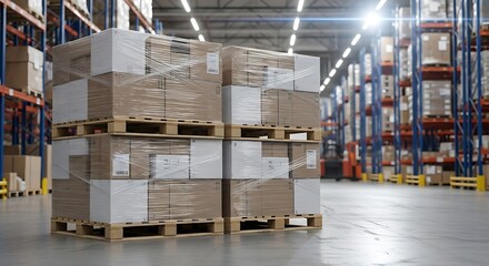 Pallets of cardboard boxes stacked on wooden pallets in a large warehouse with tall shelves and bright overhead lighting
