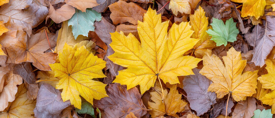 Golden leaves blanket ground in vibrant autumn landscape, showcasing beautiful array of colors that evoke sense of tranquility and seasonal change