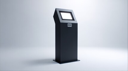 Sleek black self-service kiosk with blank screen for custom design in a modern setting, perfect for retail or informational display