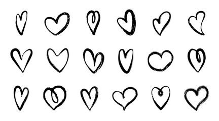 Grunge heart set, brush heart icon collection, vintage heart