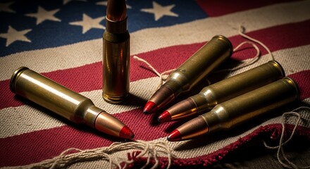 A collection of live rifle cartridges with red tips arranged on an american flag, symbolizing patriotism and firepower