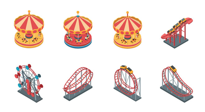 Isometric amusement park rides, including a carousel, Ferris wheel, and roller coaster, fun fairground attractions for family entertainment