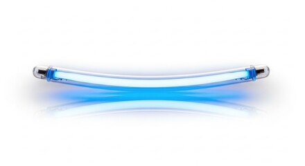 A single curved fluorescent tube light emitting a vibrant blue glow on a white reflective background.