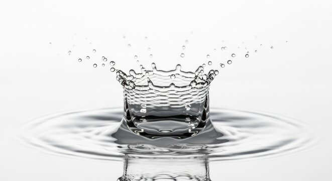 A captivating high-speed photograph of a water droplet creating a crown-like splash against a white backdrop.