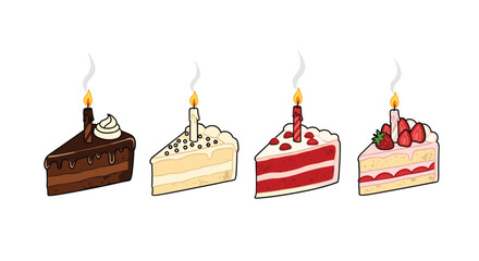 Celebrate with delicious birthday cake slices chocolate vanilla red velvet strawberry candles ready for your party modern fun colorful
