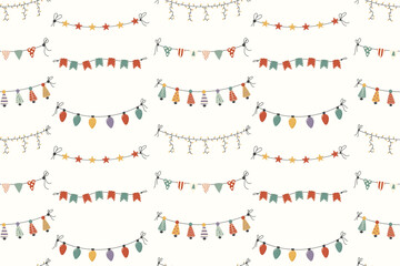 Vector seamless pattern with hand drawn Christmas lights, stars, flags and leaves