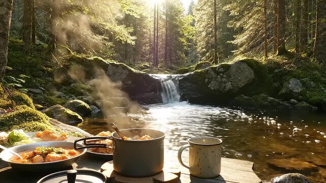 Tranquil Forest Camping Scene: Steaming Hot Breakfast by a Waterfall in Golden Sunlight