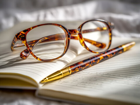 Stylish tortoiseshell reading glasses and matching pen resting on an open notebook with handwritten notes in soft natural light creating a cozy study scene