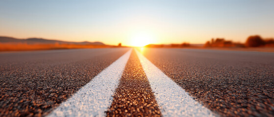 Stunning autumn landscape unfolds as sun rises over long empty road, casting warm hues across horizon and inviting adventure