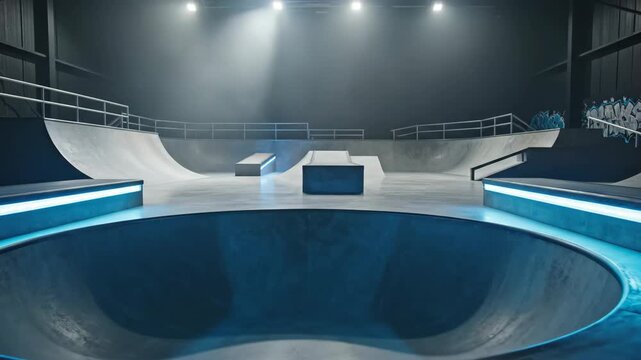 Empty Indoor Skatepark at Night With Bowl and Ramps