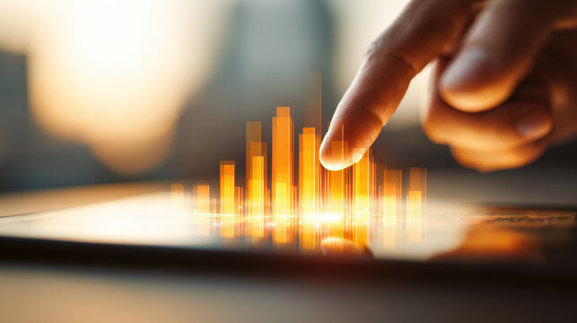 Finger interacting with digital tablet displaying glowing financial bar chart in warm light for business growth and data analysis concepts