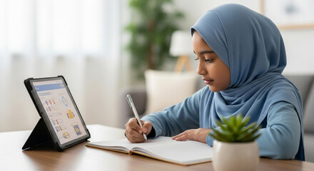 Young Muslim girl studying and writing notes in a notebook at home  