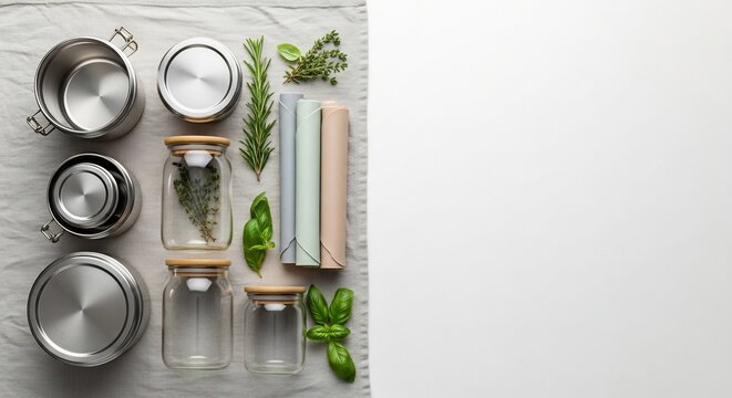 Zero waste kitchen concept with glass jars and herbs.