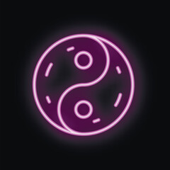 Neon purple glowing yin yang symbol is isolated on a black background