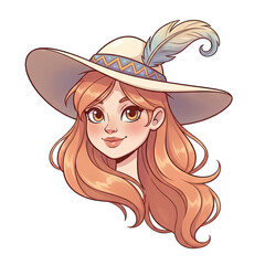 Portrait Of A Young Woman With Long Wavy Ginger Hair Wearing A Wide Brimmed Sun Hat Adorned With A Feather And A Decorative Band Against A Transparent Background