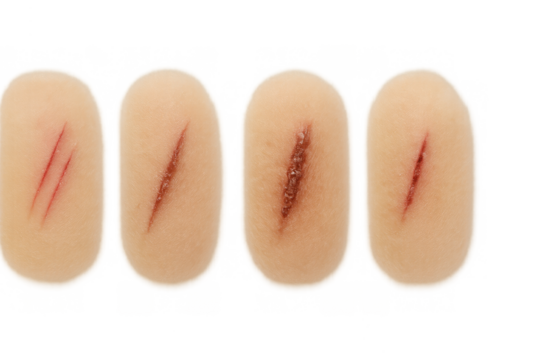 Skin wounds with varying degrees of severity and healing, showing cuts, abrasions, and scabs on human skin with transparent background