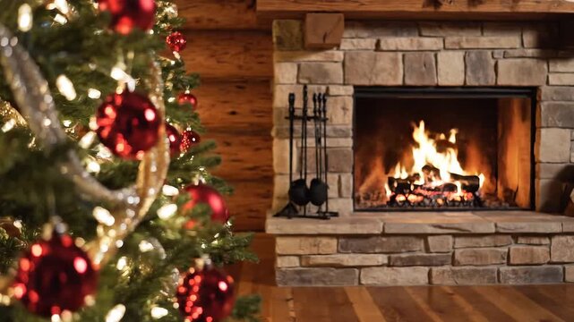 &aacute;rbol de Navidad decorado con bolas rojas brillantes y guirnaldas, iluminado con luces c&aacute;lidas que parpadean suavemente. El &aacute;rbol est&aacute; situado en un acogedor sal&oacute;n de madera, junto a una chimenea.