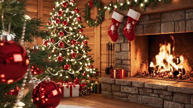 &aacute;rbol de Navidad decorado con bolas rojas brillantes y guirnaldas, iluminado con luces c&aacute;lidas que parpadean suavemente. El &aacute;rbol est&aacute; situado en un acogedor sal&oacute;n de madera, junto a una chimenea.