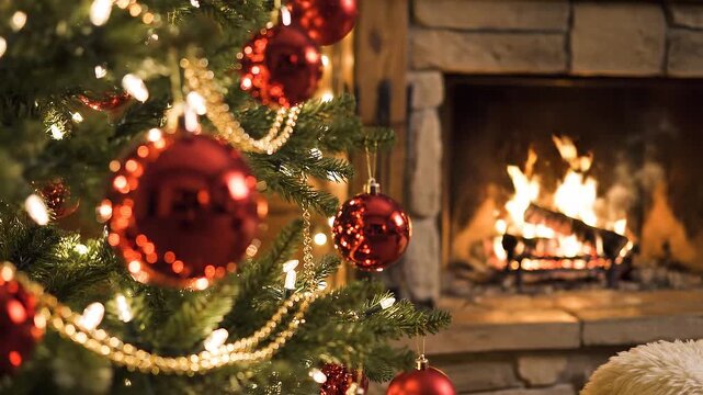 &aacute;rbol de Navidad decorado con bolas rojas brillantes y guirnaldas, iluminado con luces c&aacute;lidas que parpadean suavemente. El &aacute;rbol est&aacute; situado en un acogedor sal&oacute;n de madera, junto a una chimenea.