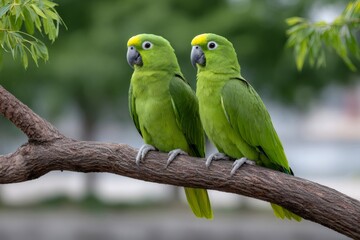 Two parrots perching on tree branch in nature
