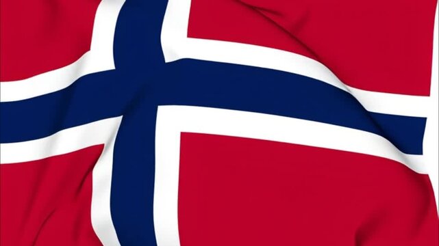 Detailed close-up of the Norwegian flag waving, featuring the red field with bold blue and white Scandinavian cross
