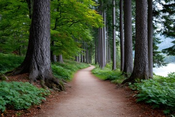 Fototapeta premium Forest path winding through green pine and deciduous trees