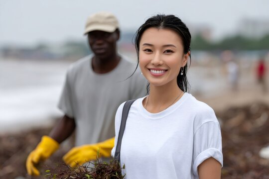 Diverse volunteers smiling after cleaning up ocean beach