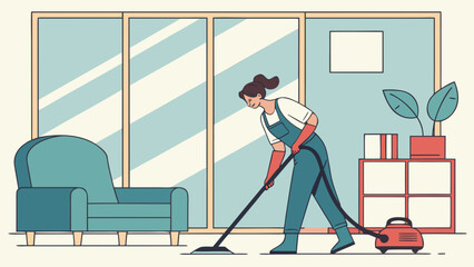 Professional cleaner vacuuming living room with modern furnishings and plants in bright atmosphere