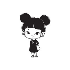 Beautiful Kawaii Girl Black and White Vector Illustration in Cute Simple Line Art Style