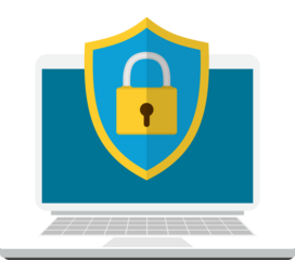 Laptop with shield and lock on table.