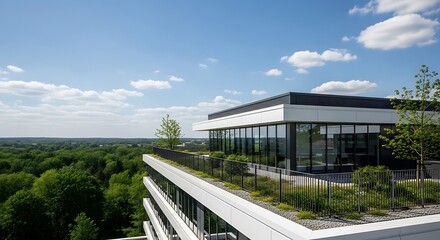 Obraz premium Modern office building with a green rooftop garden and large glass windows, overlooking a lush forest under a blue sky with scattered clouds