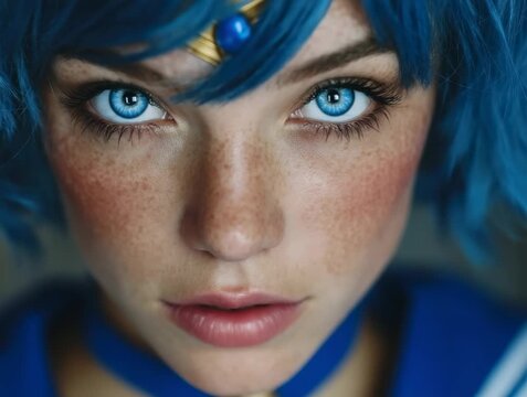 Young woman with blue hair and striking blue eyes shows off vibrant makeup and playful expression in a colorful outfit during a creative photoshoot