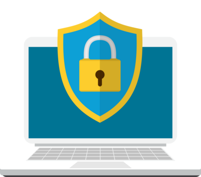 Laptop with shield and lock on table.