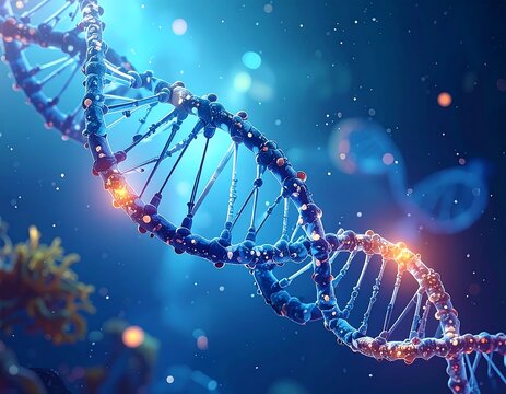 A vibrant, close-up rendering of a DNA double helix, glowing with vibrant light against a blurred, dark blue background