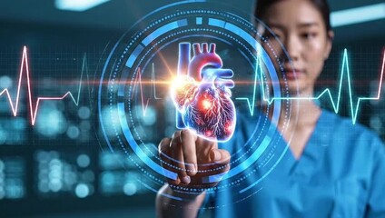 Doctor interacting with futuristic holographic heart displaying vital signs and medical data for advanced healthcare - Powered by Adobe