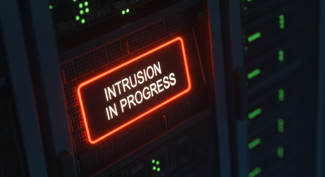 A server room displays a warning message Intrusion in Progress. Capturing the essence of cybersecurity with an urgent atmosphere.