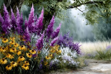 Obraz premium Impressionist rendering of vibrant wildflowers in a garden path