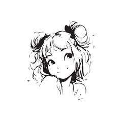 Beautiful Kawaii Girl Black and White Vector Illustration in Cute Simple Line Art Style