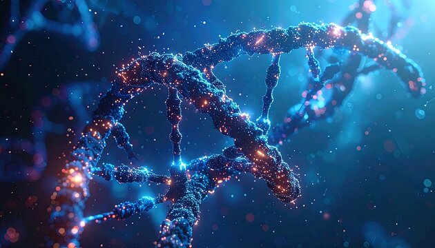 A vibrant, close-up rendering of a double helix structure. Glowing particles and blue/orange hues create depth, suggesting molecular activity