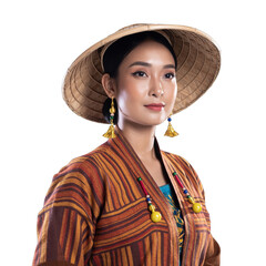 Portrait of an Asian Woman Wearing Traditional Clothing and a Wide-brimmed Hat With Colorful Tassels and Beads Against a Transparent Background