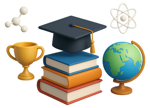 Stack of books with graduation cap, globe, atom, trophy, and molecule on white background education learning isolated on a transparent background