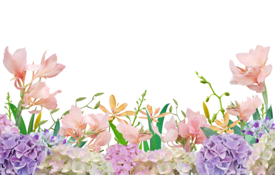 Pastel Hydrangea and Canna Lily Flower composition design for wedding invitations, greeting cards, Mother's Day or social media backgrounds. - Powered by Adobe