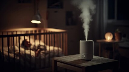 Calm evening at home with a humidifier, soft lighting, and a peaceful baby sleeping in the crib