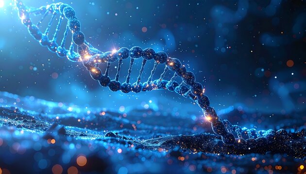 A vibrant, artistic depiction of a DNA double helix, glowing with blue light, over a textured, particle-laden surface