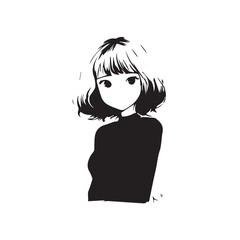 Beautiful Kawaii Girl Black and White Vector Illustration in Cute Simple Line Art Style