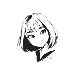 Beautiful Kawaii Girl Black and White Vector Illustration in Cute Simple Line Art Style