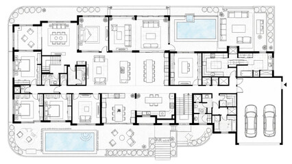 Black architectural floor plan of luxury house featuring master suite, walk-in closet, open kitchen, garage, and patio with precise measurements