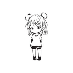Beautiful Kawaii Girl Black and White Vector Illustration in Cute Simple Line Art Style